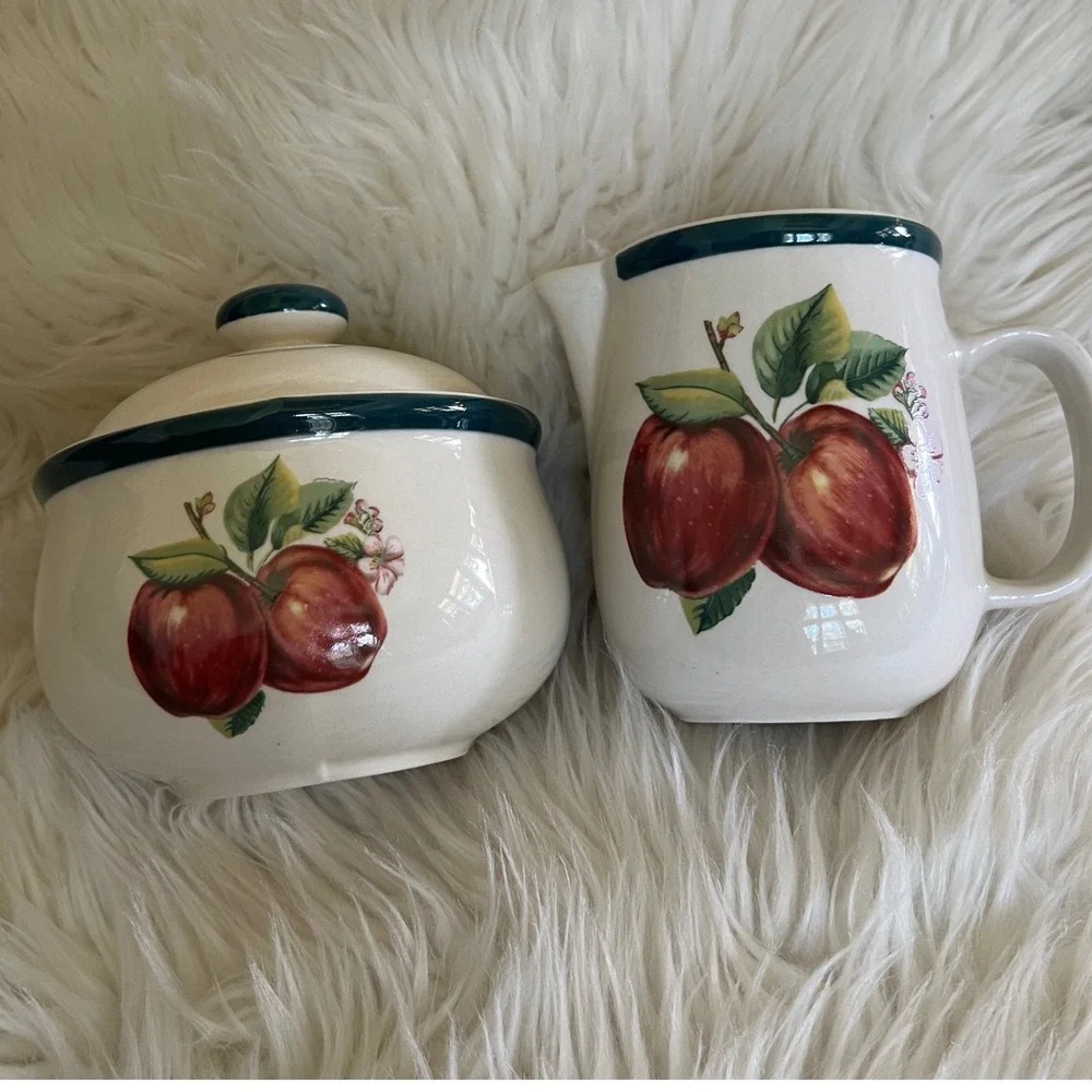 China Pearl Casuals Apple Sugar and Creamer Set Vintage Stoneware Orchard Fruit